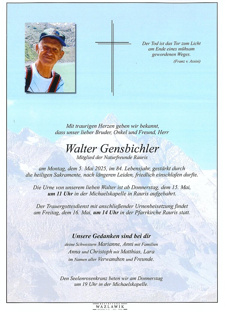 Parte von Walter Gensbichler † 05.05.2025