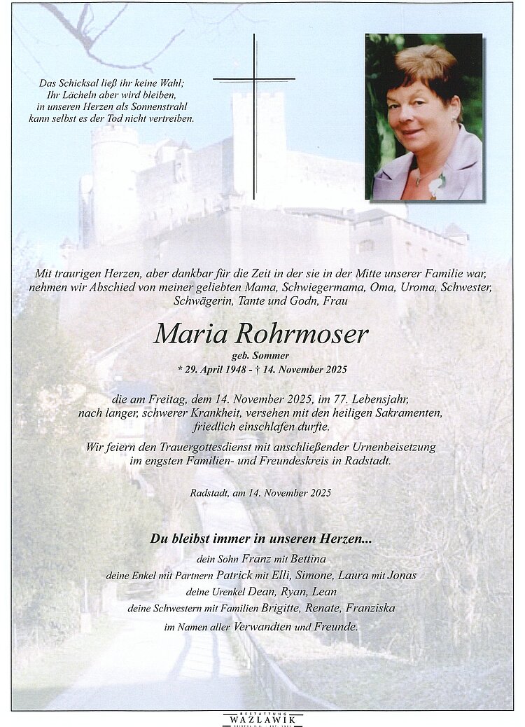 Parte von Maria Rohrmoser † 14.11.2025