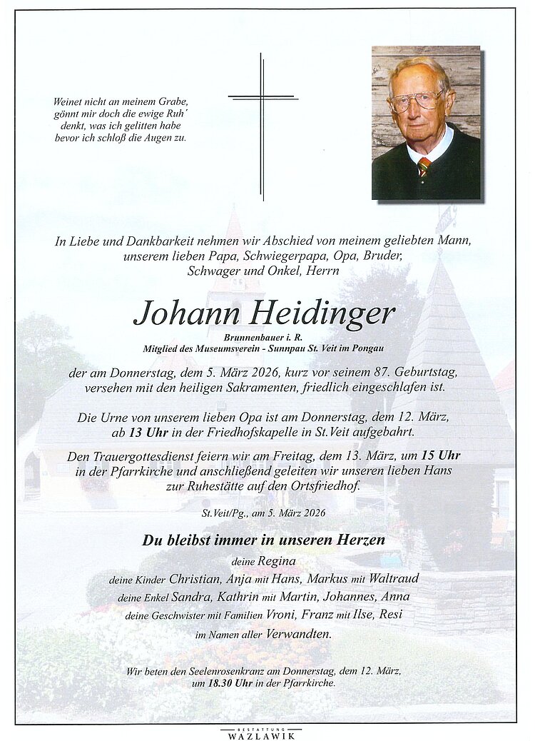 Parte von Johann Heidinger † 05.03.2026
