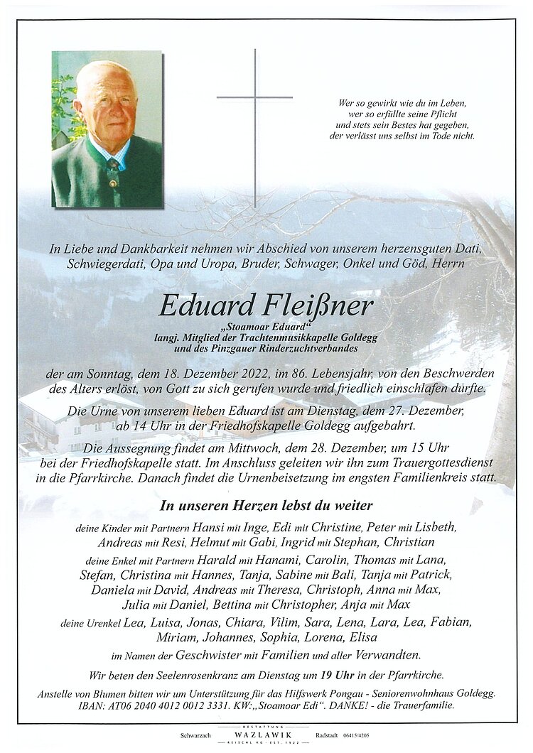 Parte von Eduard Fleißner † 18.12.2022