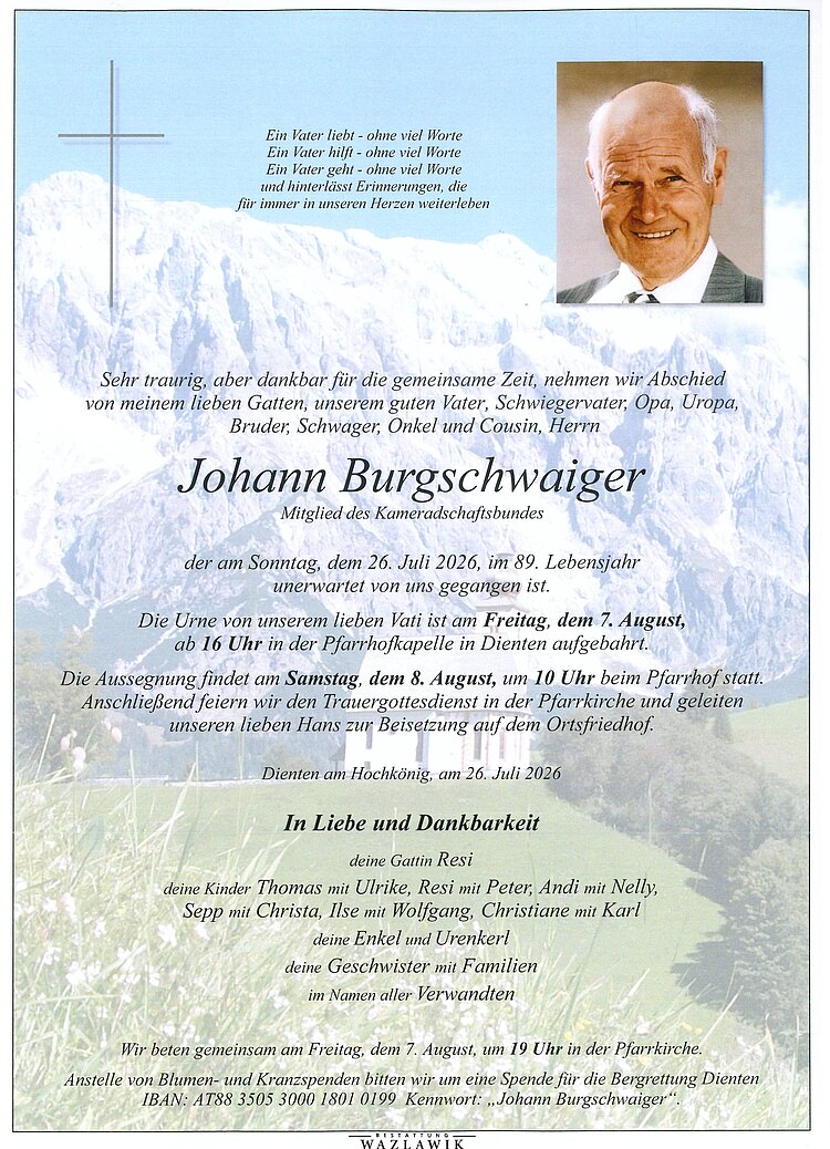 Parte von Johann Burgschwaiger † 26.07.2026