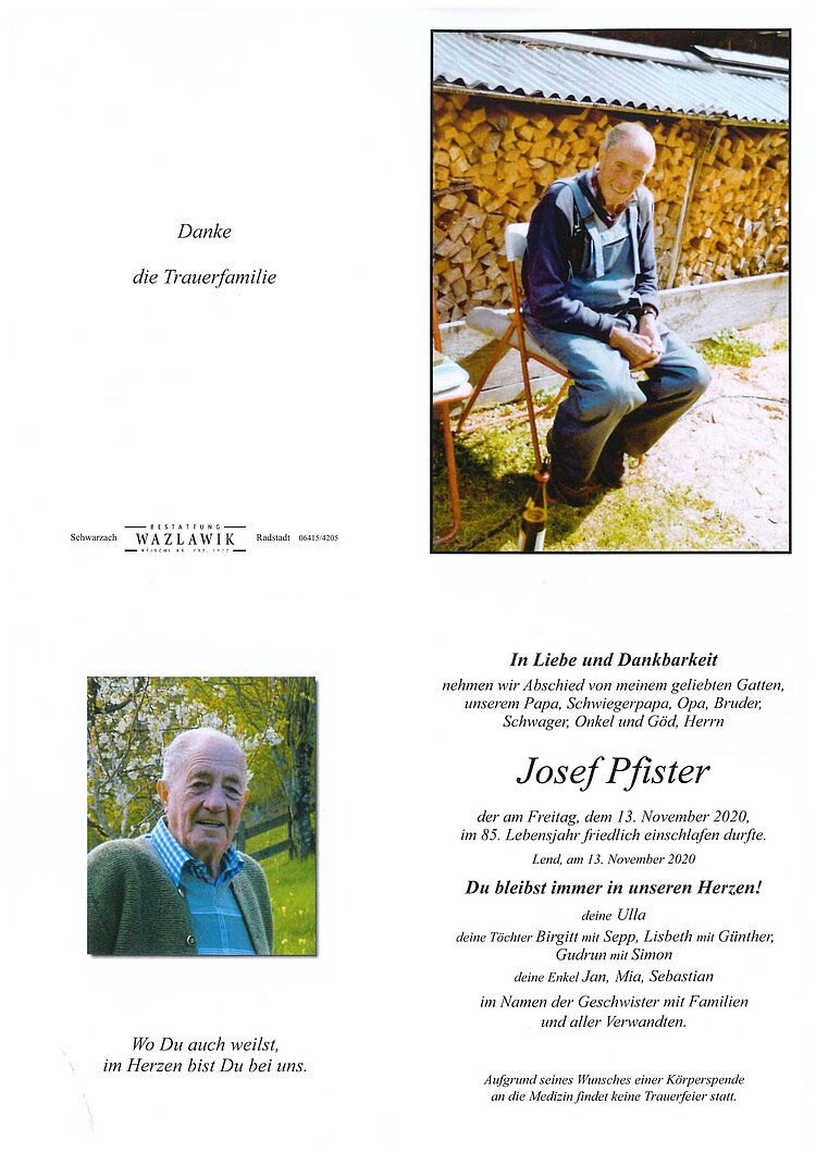 Parte von Josef Pfister † 13.11.2020