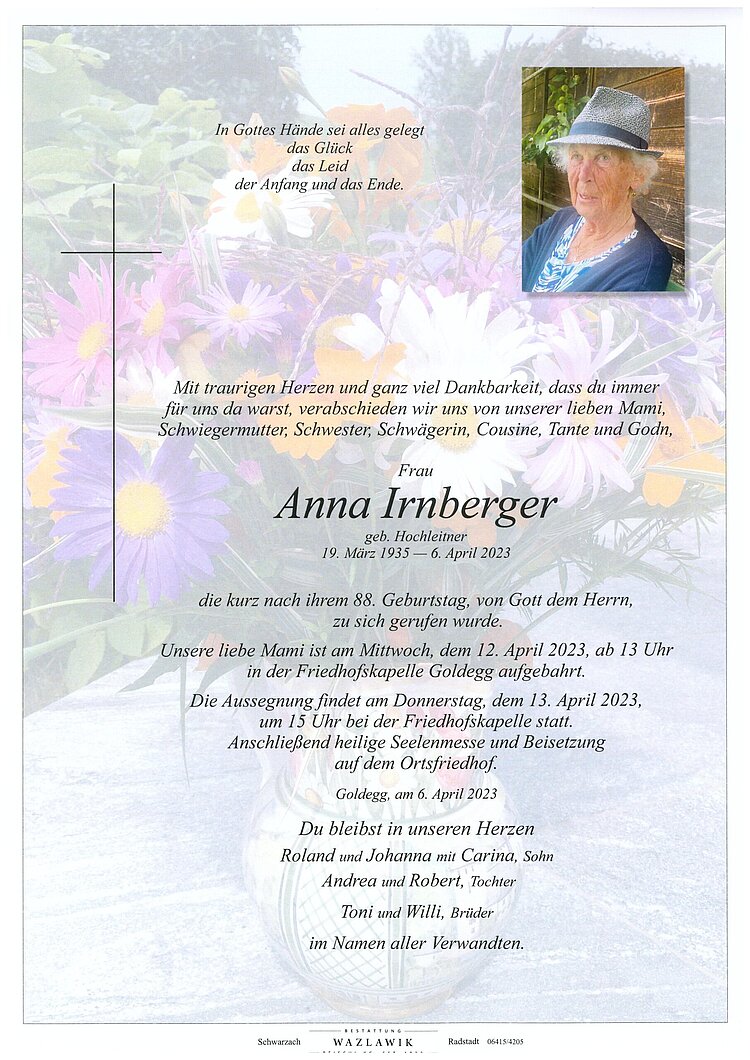 Parte von Anna Irnberger † 06.04.2023