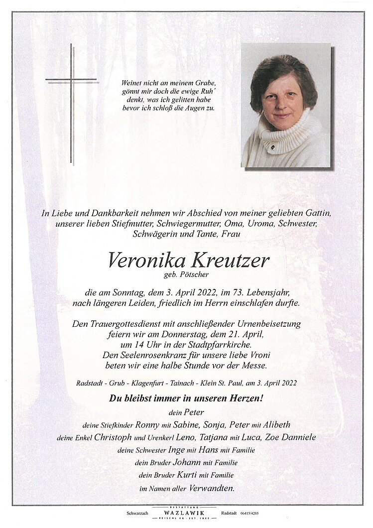Parte von Veronika Kreutzer † 03.04.2022