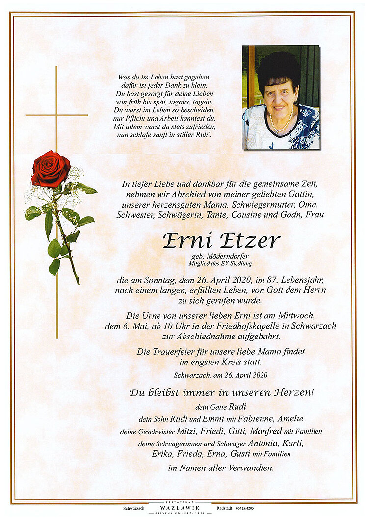 Parte von Erni Etzer † 26.04.2020