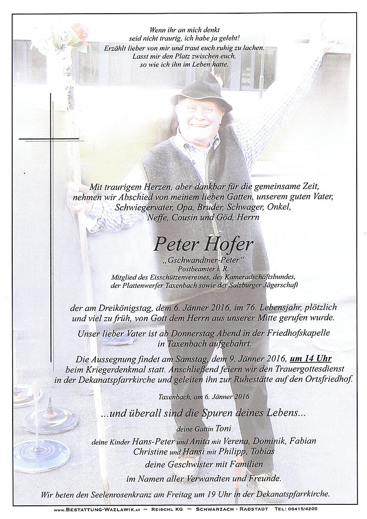 Parte von Peter Hofer † 06.01.2016