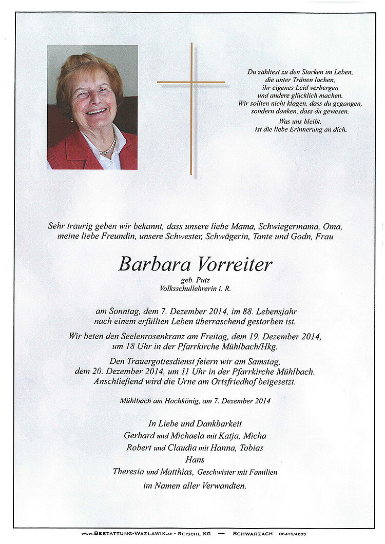 Parte von Barbara Vorreiter † 07.12.2014