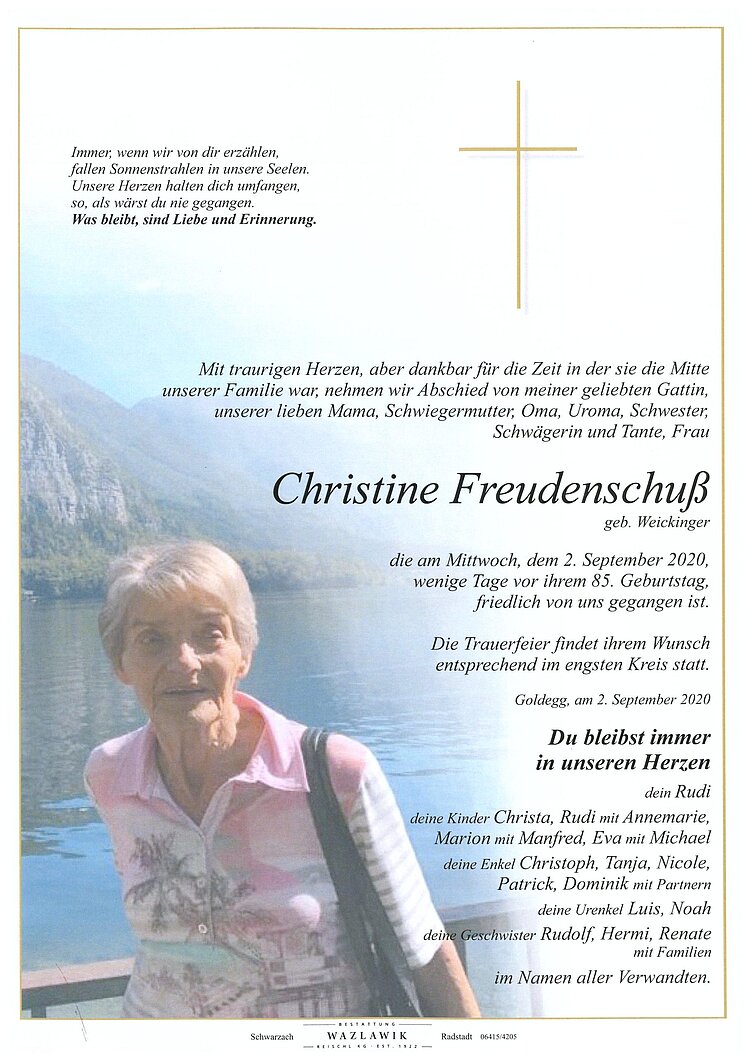 Parte von Christine Freudenschuß † 02.09.2020