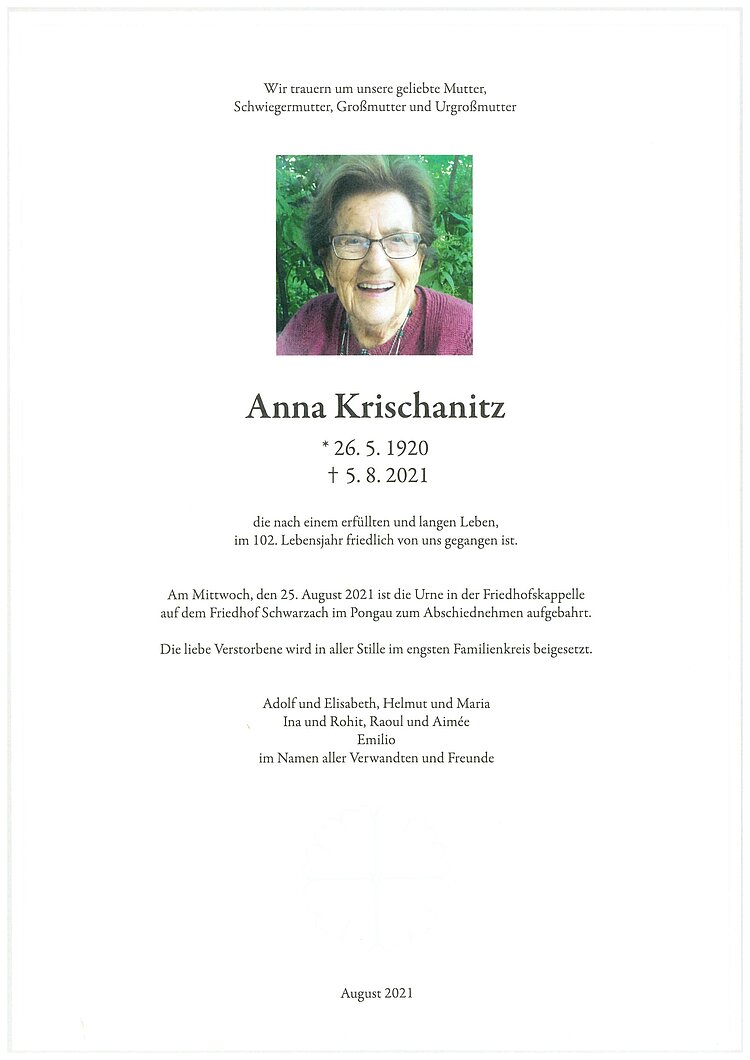 Parte von Anna Krischanitz † 05.08.2021