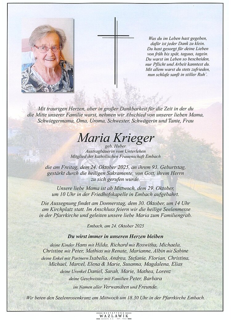Parte von Maria Krieger † 24.10.2025
