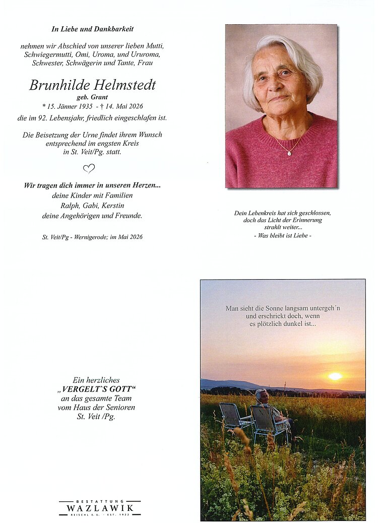 Parte von Brunhilde Helmstedt † 14.05.2026