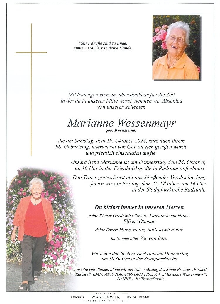 Parte von Marianne Wessenmayr † 19.10.2024