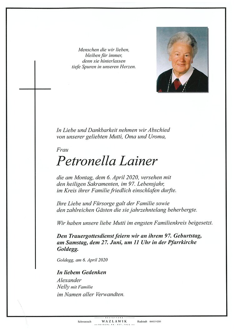 Parte von Petronella Lainer † 22.06.2020