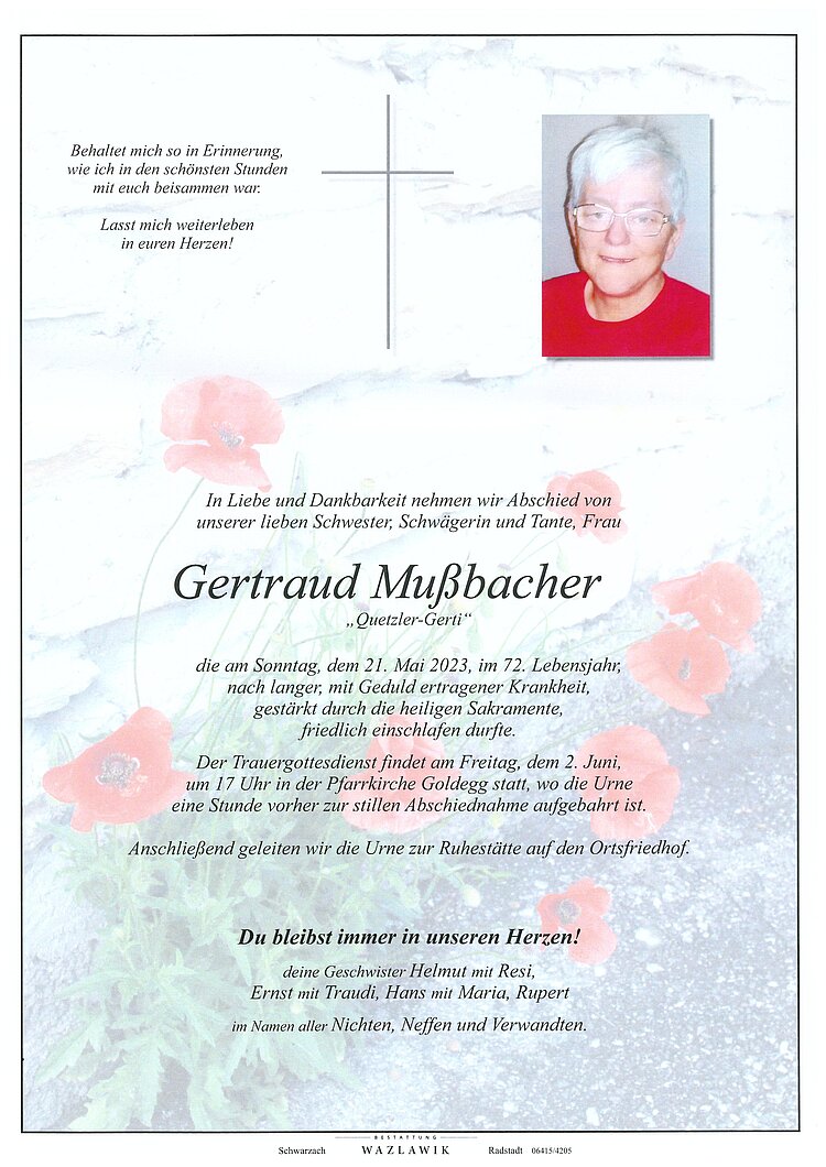 Parte von Gertraud Mußbacher † 21.05.2023