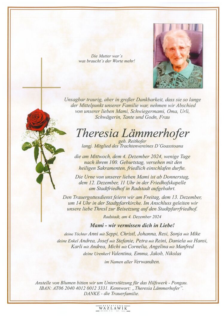 Parte von Theresia Lämmerhofer † 04.12.2024