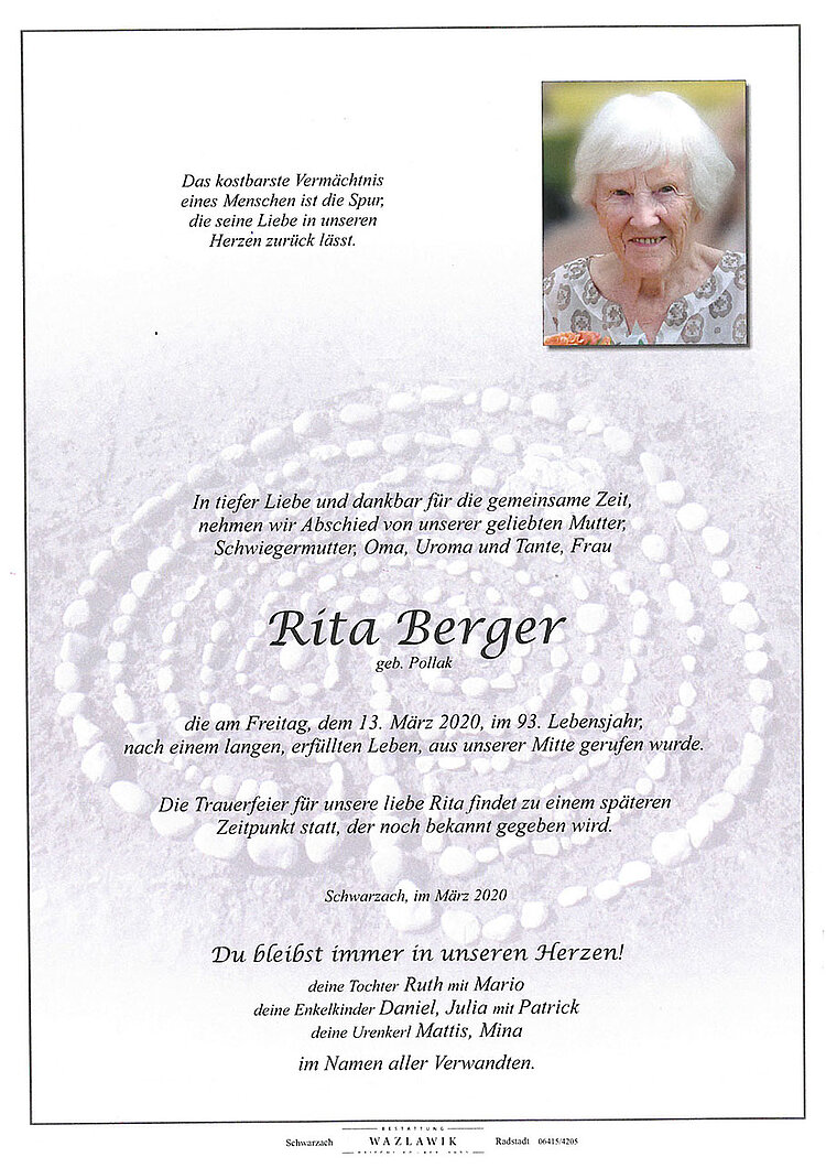 Parte von Rita Berger † 13.03.2020