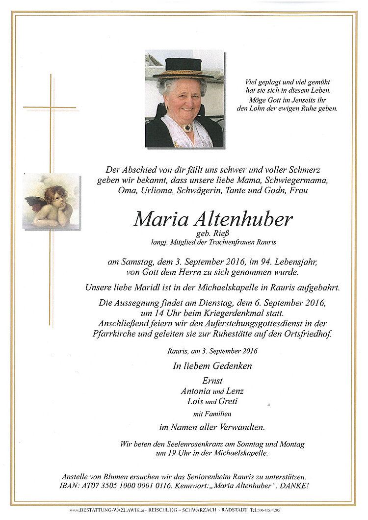 Parte von Maria Altenhuber † 03.09.2016