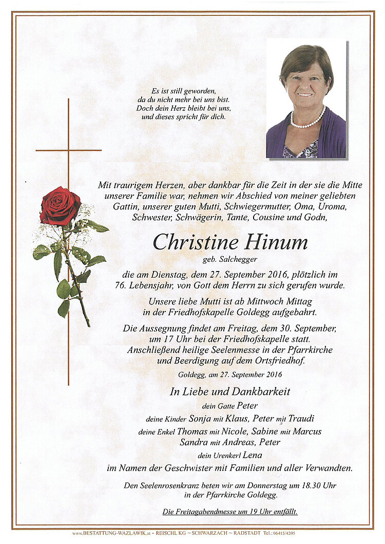 Parte von Christine Hinum † 27.09.2016