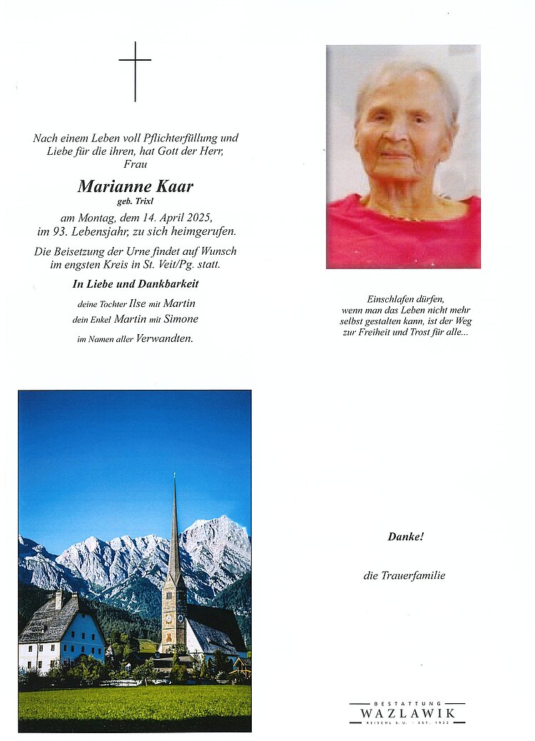 Parte von Marianne Kaar † 14.04.2025