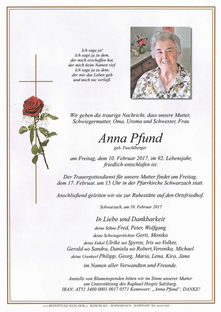 Parte von Anna Pfund † 10.02.2017