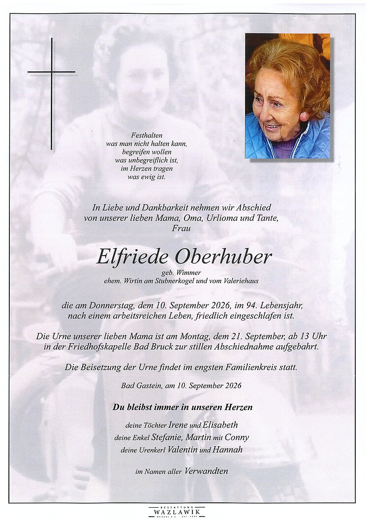 Parte von Elfriede Oberhuber † 10.09.2026