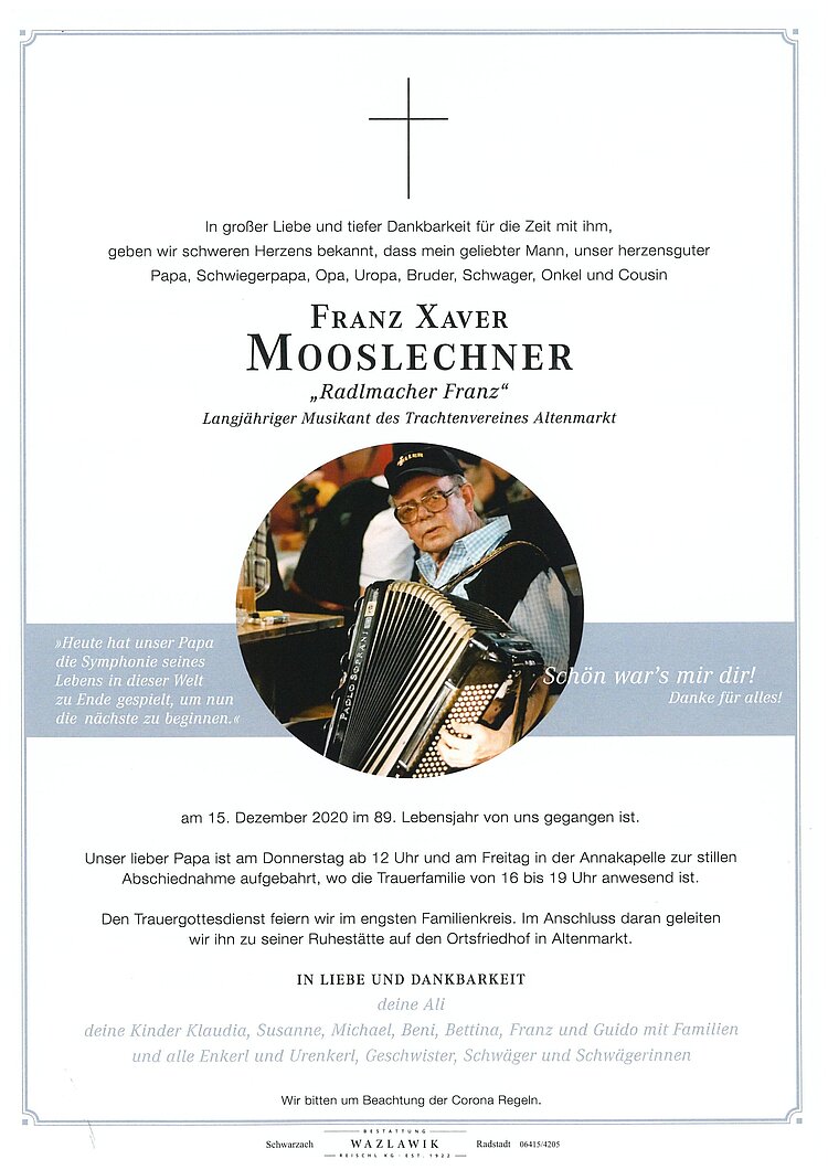 Parte von Franz Xaver Mooslechner † 15.12.2020