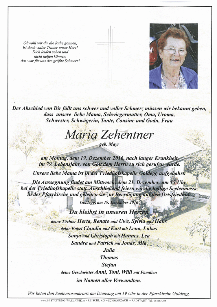 Parte von Maria Zehentner † 19.12.2016