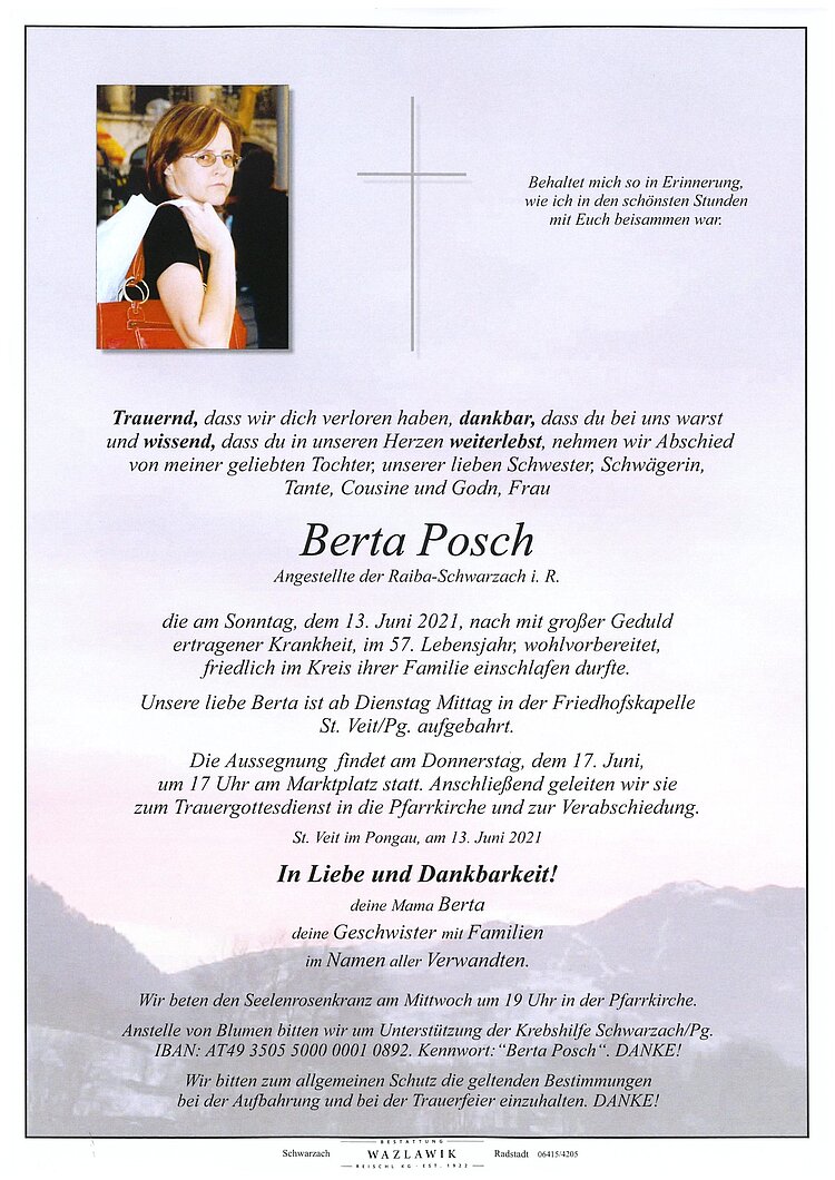 Parte von Berta Posch † 13.06.2021