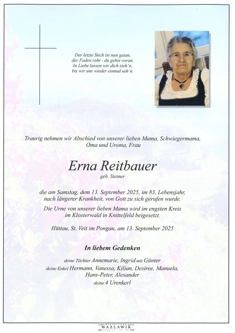 Parte von Erna Reitbauer † 13.09.2025