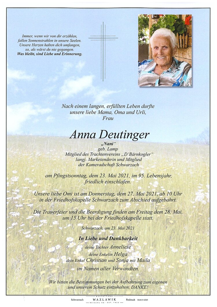 Parte von Anna Deutinger † 23.05.2021