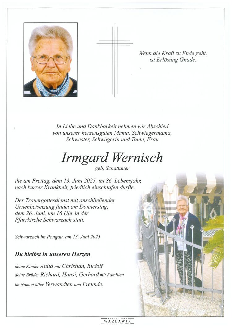 Parte von Irmgard Wernisch † 13.06.2025
