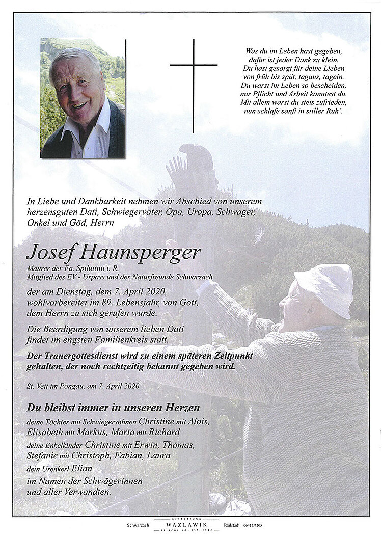Parte von Josef Haunsperger † 07.04.2020