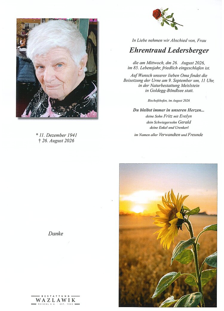 Parte von Ehrentraud Ledersberger † 26.08.2026