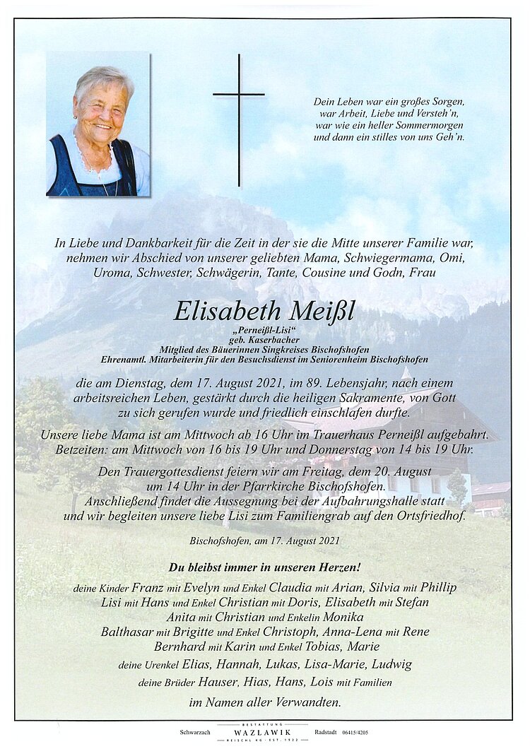 Parte von Elisabeth Meißl † 17.08.2021
