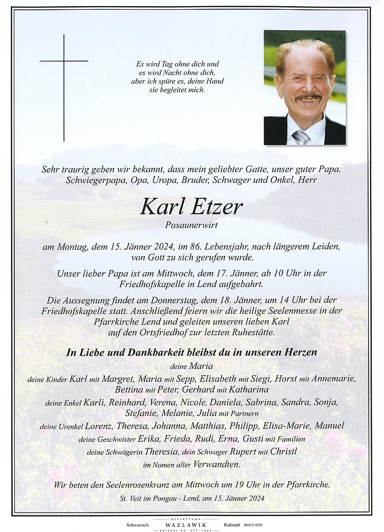 Parte von Karl Etzer † 15.01.2024