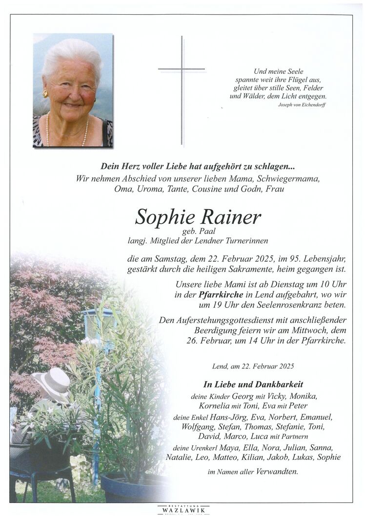 Parte von Sophie Rainer † 22.02.2025