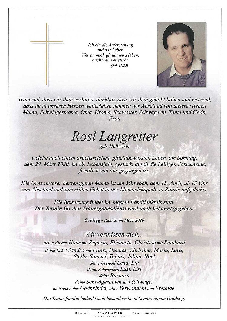 Parte von Rosl Langreiter † 29.03.2020