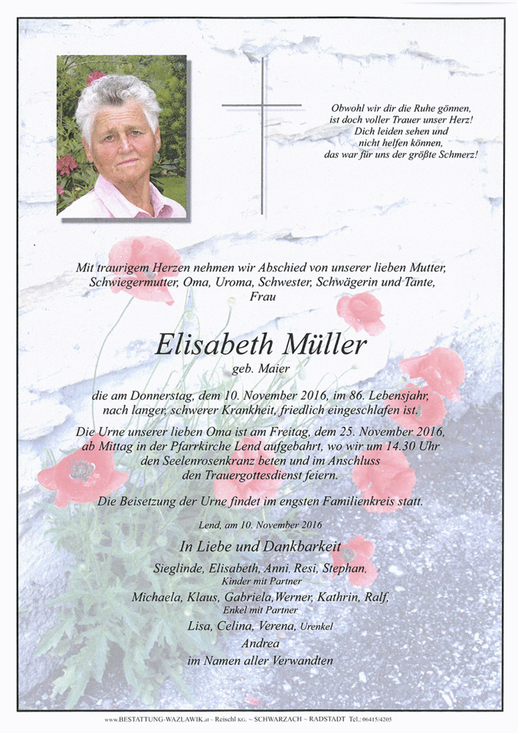 Parte von Elisabeth Müller † 10.11.2016