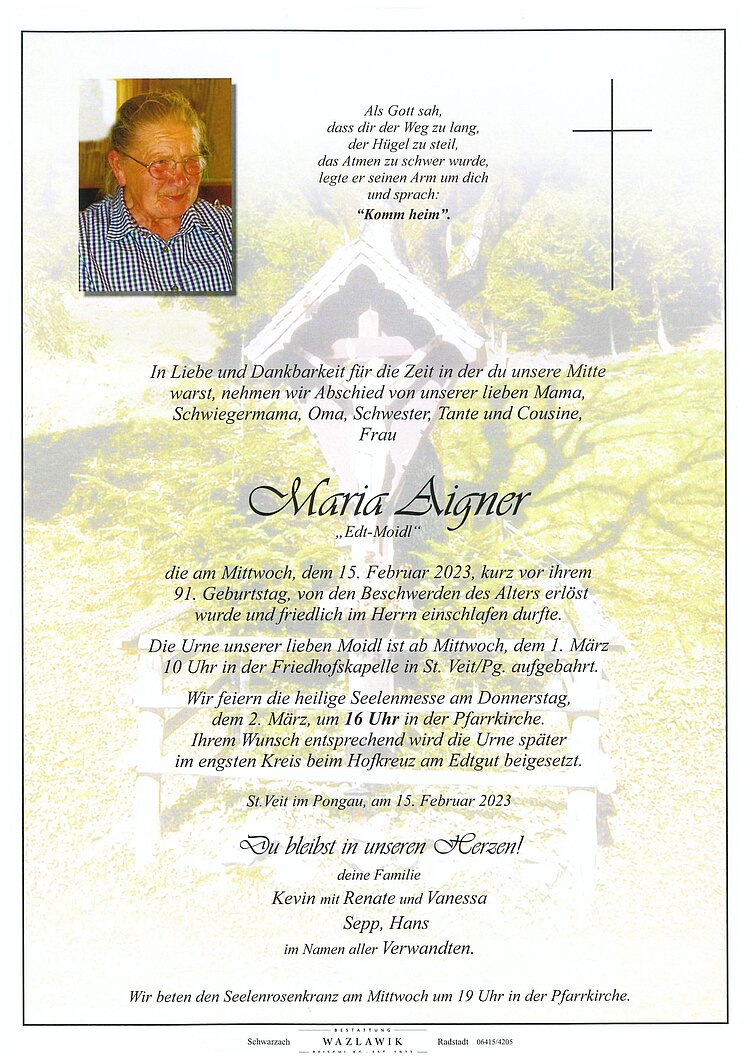 Parte von Maria Aigner † 15.02.2023