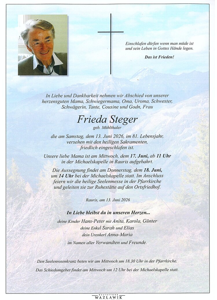 Parte von Frieda Steger † 13.06.2026