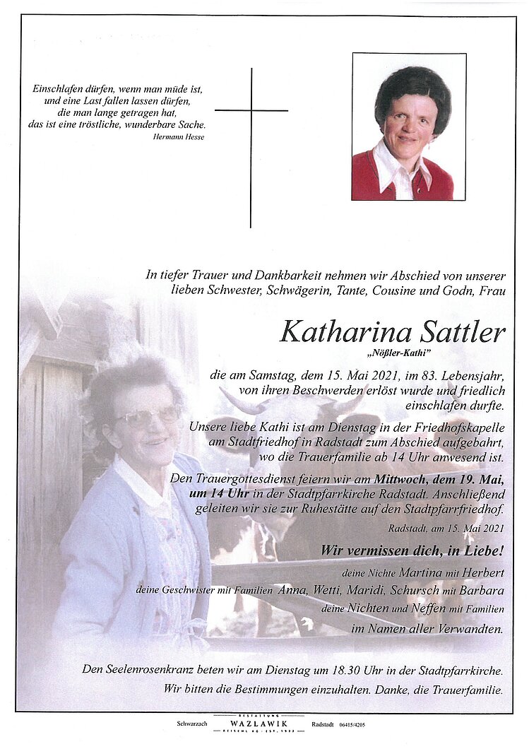 Parte von Katharina Sattler † 15.05.2021