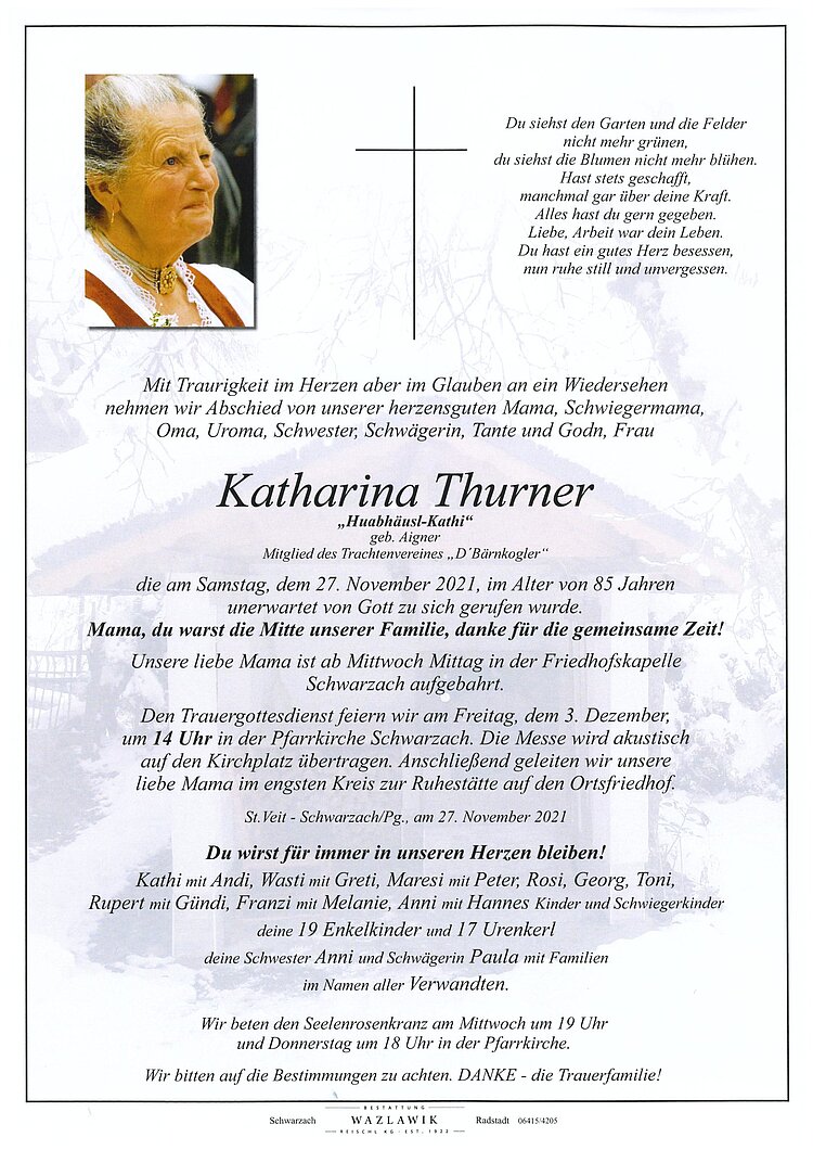 Parte von Katharina Thurner † 27.11.2021