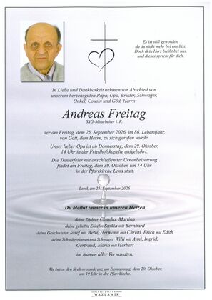 Parte von Andreas Freitag † 25.09.2026 aus Lend