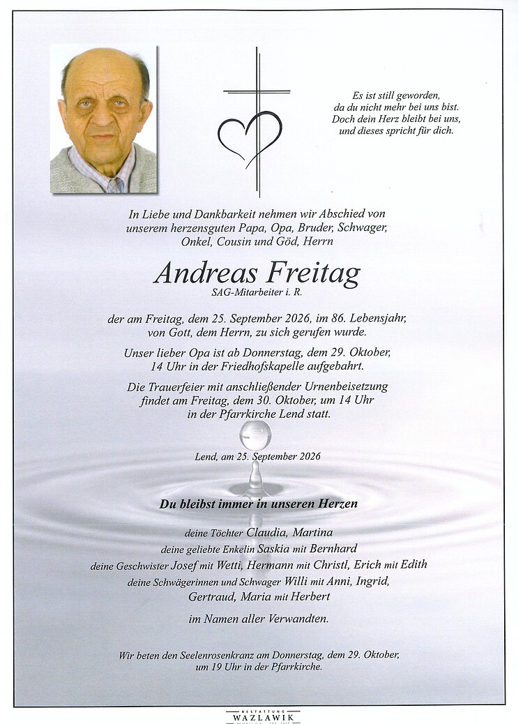 Parte von Andreas Freitag † 25.09.2026