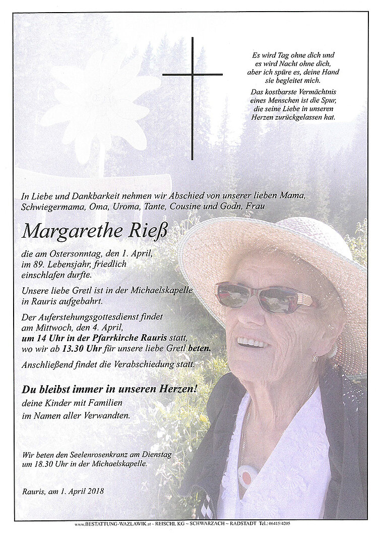 Parte von Margarethe Rieß † 01.04.2018