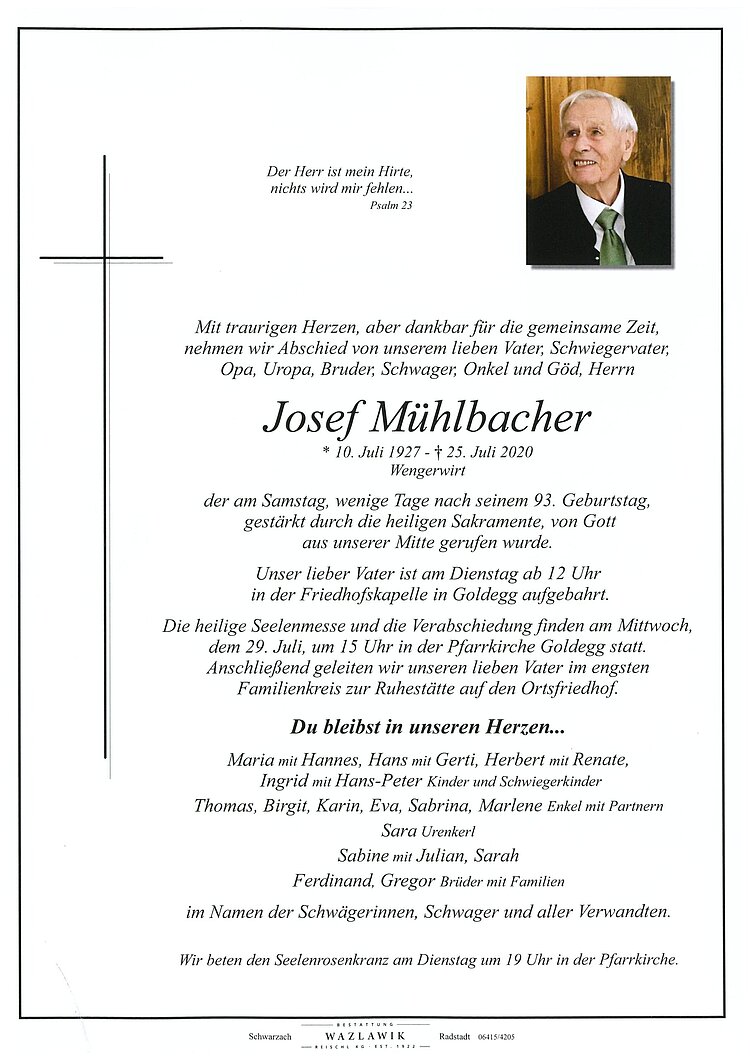 Parte von Josef Mühlbacher † 25.07.2020