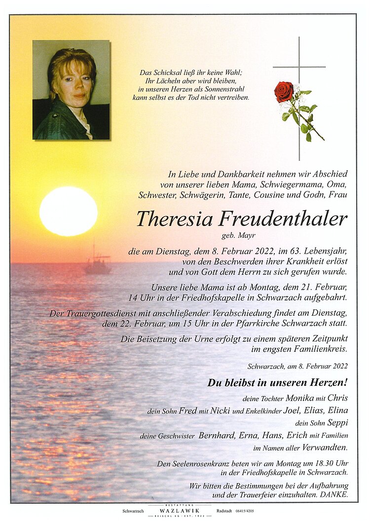 Parte von Theresia Freudenthaler † 08.02.2022
