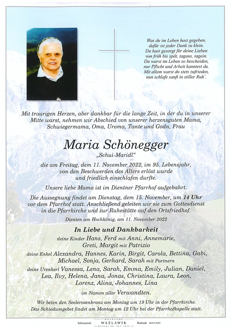Parte von Maria Schönegger † 11.11.2022