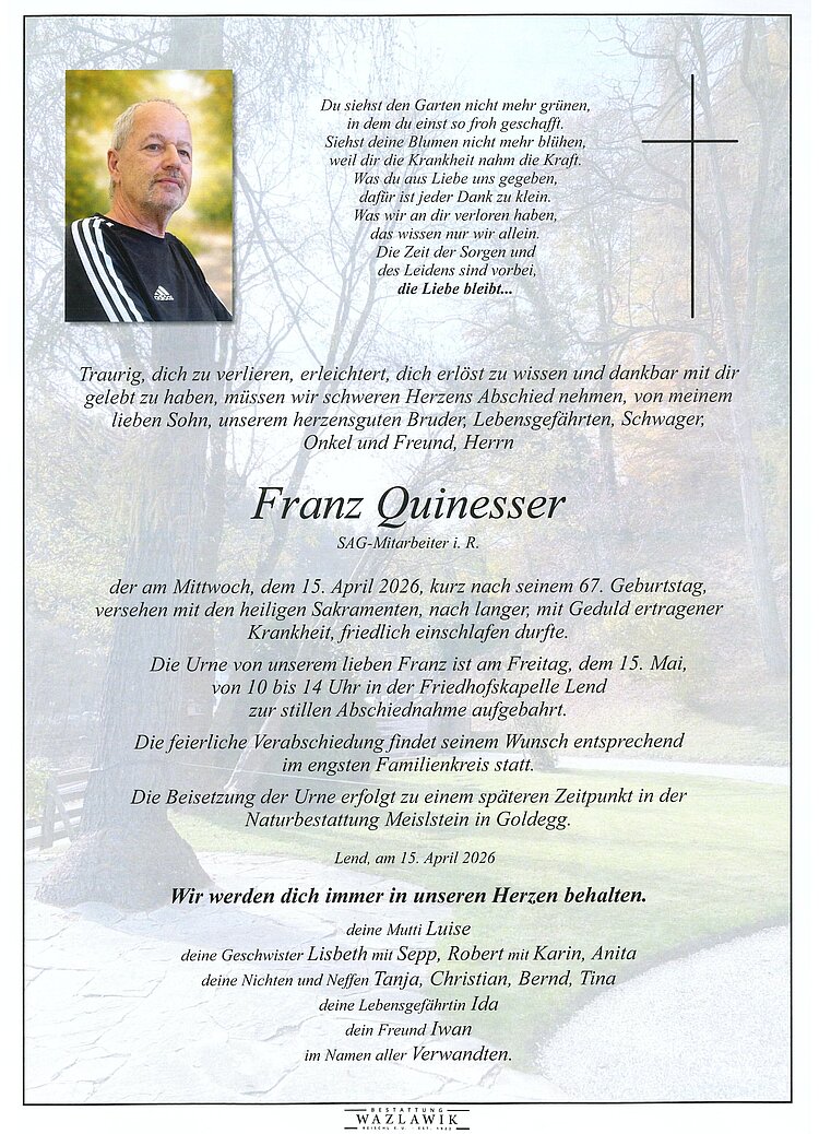 Parte von Franz Quinesser † 15.04.2026