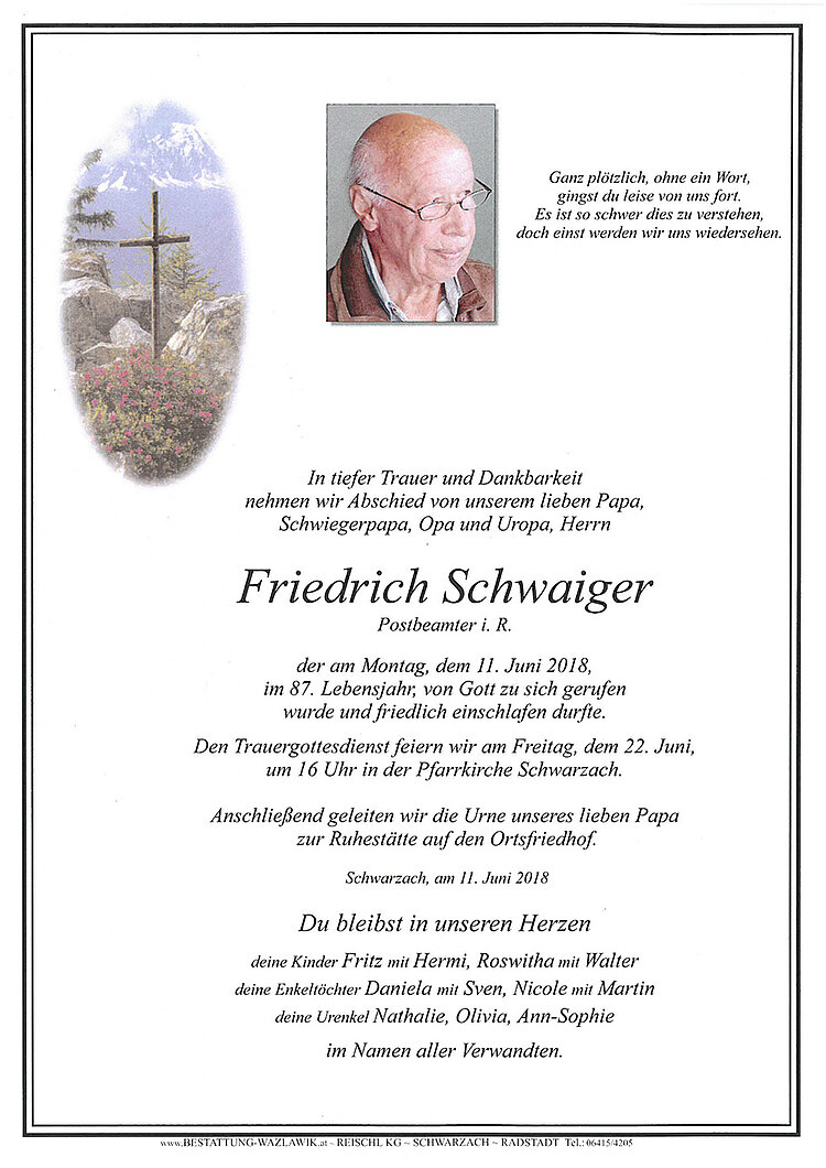 Parte von Friedrich Schwaiger † 11.06.2018